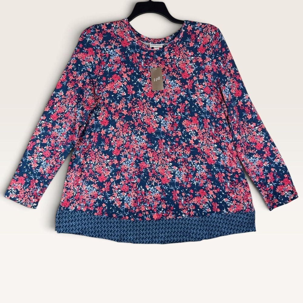 J. Jill Tunic Floral French Terry Top Womens Large Blue Red Long Sleeve NWT